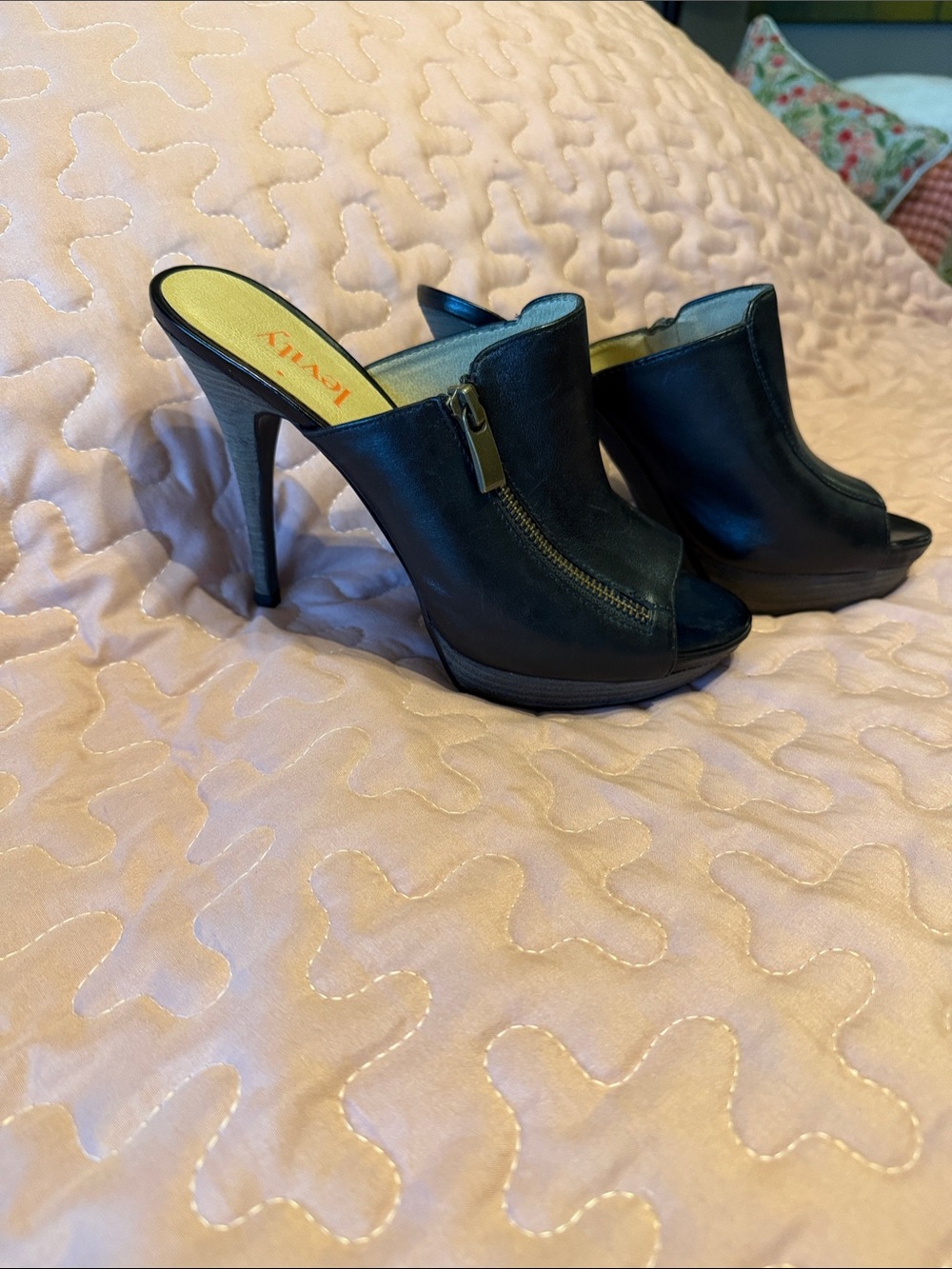 levity Black Peep-Toe Zip Mule Heels